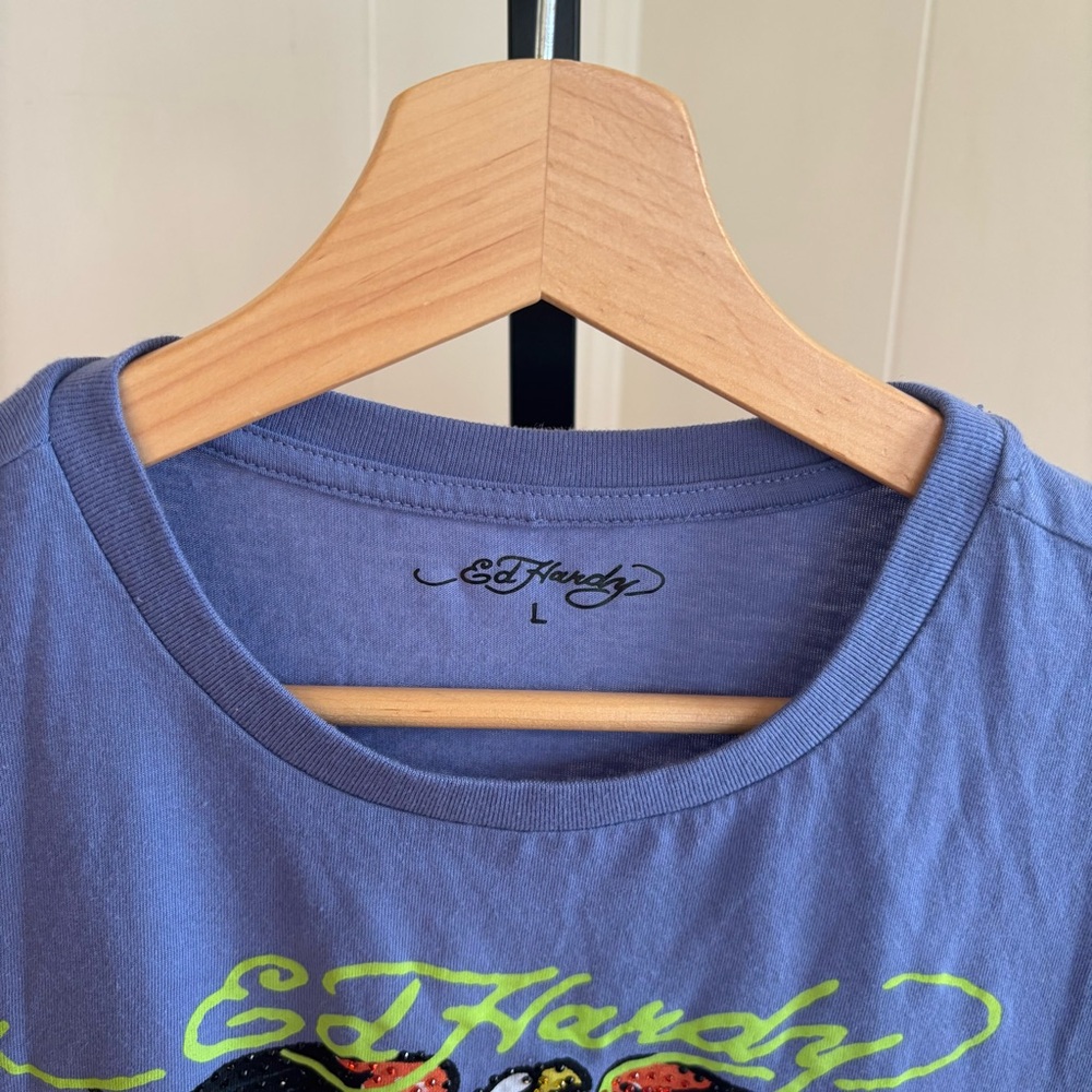 Ed Hardy Womens L Crop Top Pale Blue Rhinestone Eagle Anchor Baby Tee Grunge NWT
